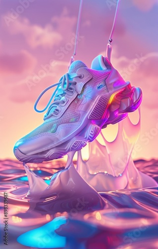 Abstract floating sneaker with neon lights and futuristic background.