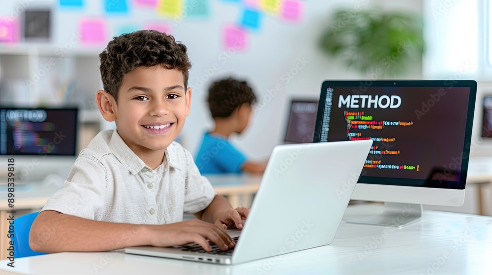 A Smiling Young Boy Enthusiastically Learning How to Code in a Classroom Setting A Smiling Young Boy Enthusiastically Learning How to Code in a Classroom Setting