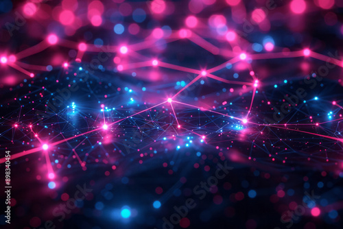 Futuristic representation of server abstraction with neon blue and pink lights illuminating interconnected nodes,