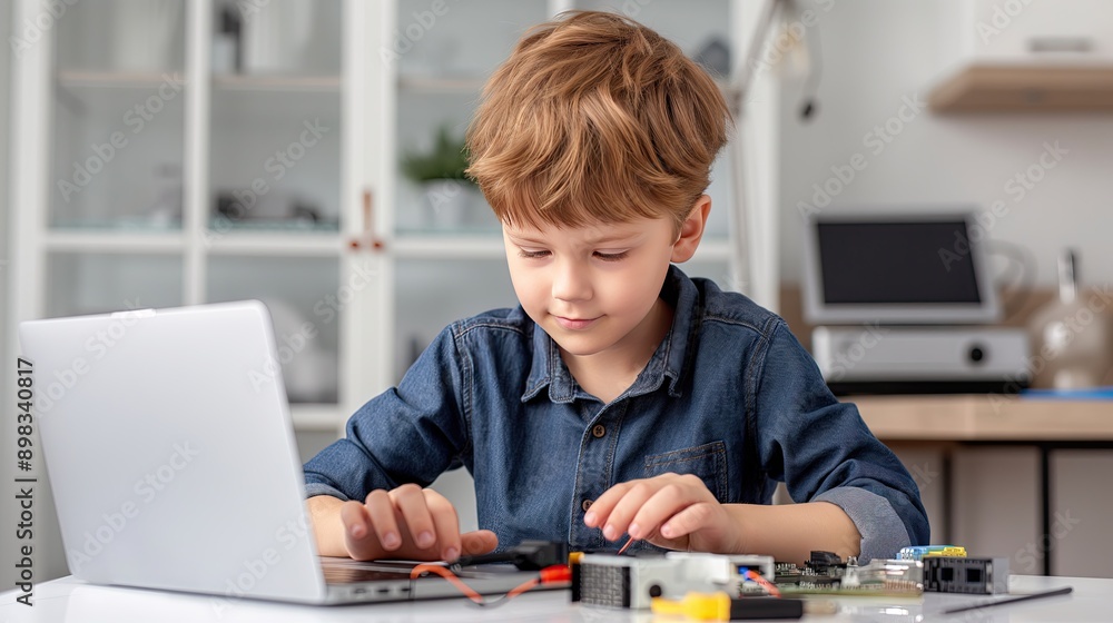 Young Boy Works on Electronics Project With Laptop Young Boy Works on Electronics Project With Laptop