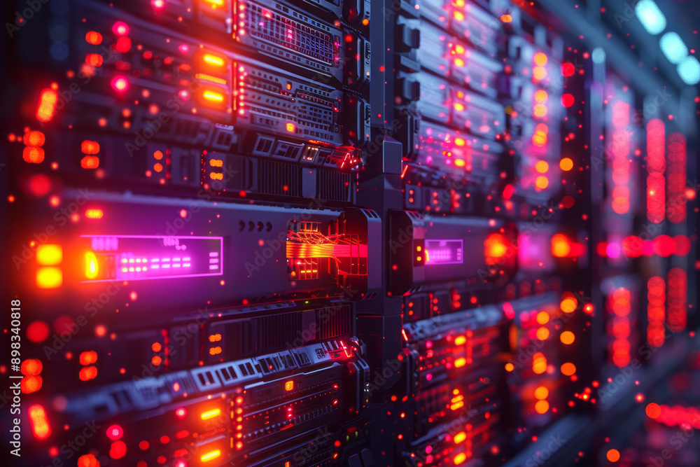 Abstract depiction of server systems with vibrant, dynamic neon lights and illuminated circuit patterns, Abstract depiction of server systems with vibrant, dynamic neon lights and illuminated circuit patterns,