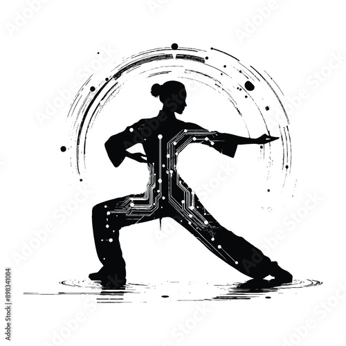 kungfu, Tai Chi  female player in cyberpunk pattern illustration, emblem shield badge