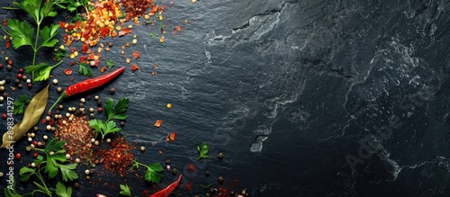 Fototapeta Naklejka Na Ścianę i Meble -  Top view of an array of vibrant spices like chili flakes mixed pepper parsley herbs and red paprika on a dark black slate background with copy space image