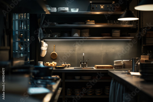 Chef's workspace in high-end restaurant