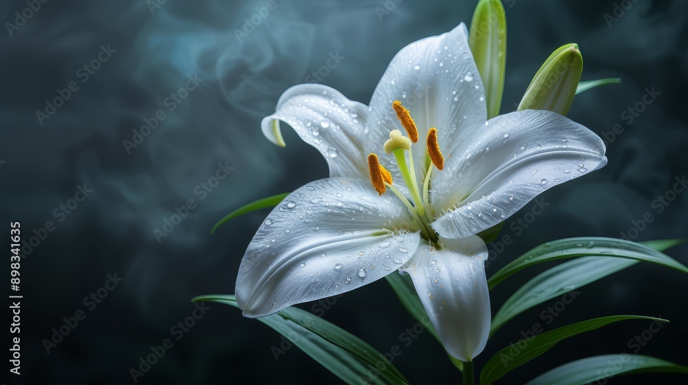 Fototapeta premium petals speckled with water drops against a dark backdrop, green leaves included