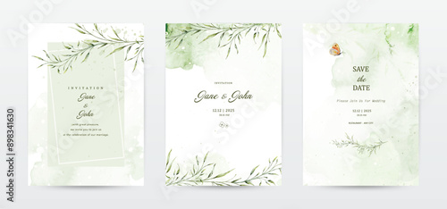 Set of green leaves watercolor wedding invitation template cards
