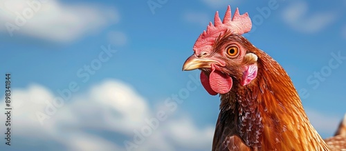 A brown feathered chicken gazes at the camera outdoors set against a natural backdrop with sky A banner area is included with focused text space in the image. Creative banner. Copyspace image photo