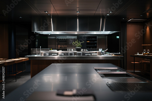 Empty professional kitchen setup at high-end restaurant