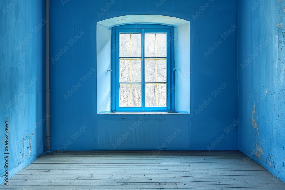 Blue window in a blue room with wooden floor. Blue window in a blue room with wooden floor.