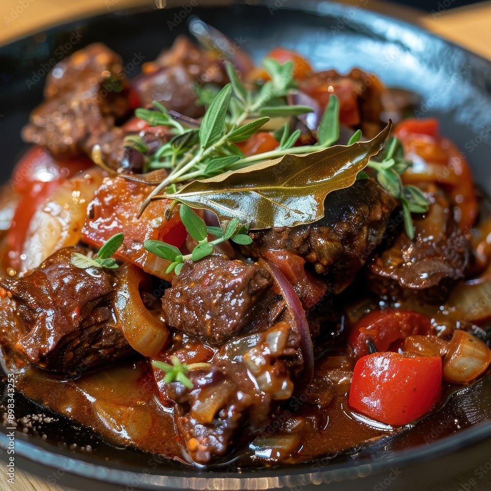 A dish of stifado, a hearty beef stew with onions, tomatoes, and red wine, garnished with a bay leaf. A dish of stifado, a hearty beef stew with onions, tomatoes, and red wine, garnished with a bay leaf.
