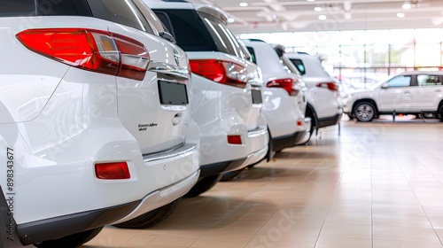 A Row of Shining White SUVs Parked Elegantly Inside the Spacious Showroom, Showcasing Their Sleek Design