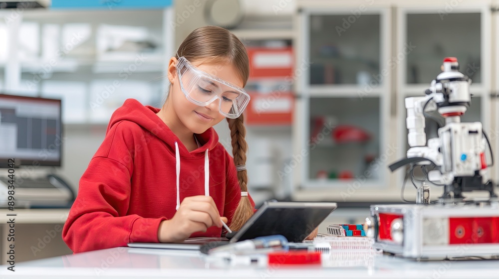 A Young Girl Is Busy Working on a Tablet in a High-Tech Robotics Lab A Young Girl Is Busy Working on a Tablet in a High-Tech Robotics Lab
