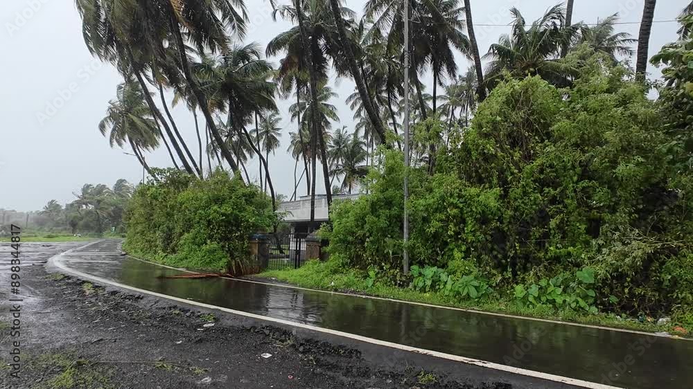 Monsoon rain creates a wet road surrounded by lush green palm trees, highlighting Maharashtra's vibrant landscape.
