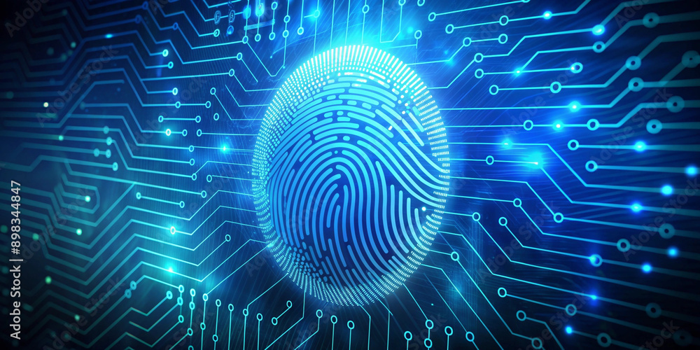 A digital representation of a fingerprint with a blue, futuristic design, symbolizing security and biometric authentication. The fingerprint is surrounded by circuitry A digital representation of a fingerprint with a blue, futuristic design, symbolizing security and biometric authentication. The fingerprint is surrounded by circuitry