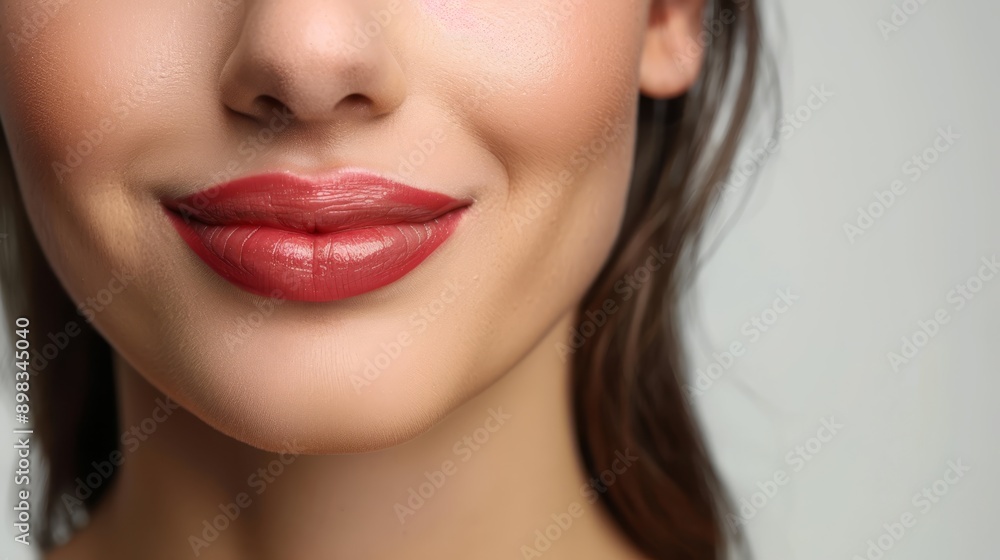A women's face, closely framed Red lipstick mark on left cheek against pristine white backdrop A women's face, closely framed Red lipstick mark on left cheek against pristine white backdrop