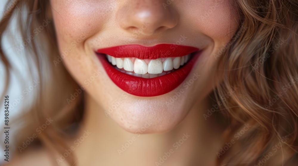 A woman's face, close-up Lips painted scarlet with red lipstick Smiling A woman's face, close-up Lips painted scarlet with red lipstick Smiling