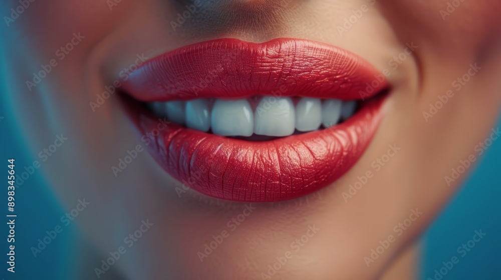 A tight shot of a woman's expressive red lips against a backdrop of her radiant white teeth A tight shot of a woman's expressive red lips against a backdrop of her radiant white teeth
