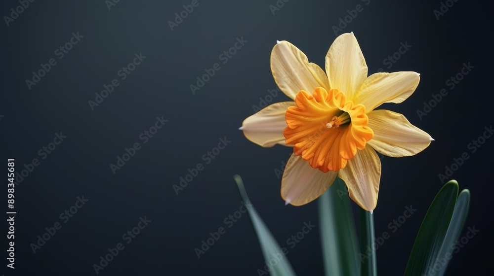 Fototapeta premium A tight shot of a yellow bloom against a backdrop of emerald leaves, framed by a dark canvas