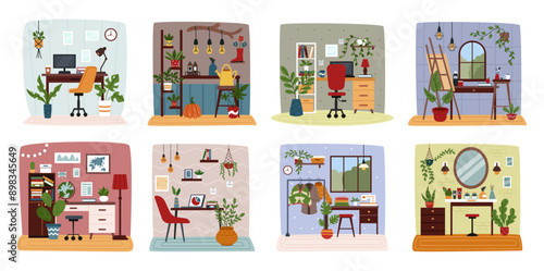 Office interior. Indoor workplace. Employee business worker space. Cozy furnishing. Environment healthy. Plant green. Ergonomic armchair and working table. Empty room. Vector ECO tidy workspaces set