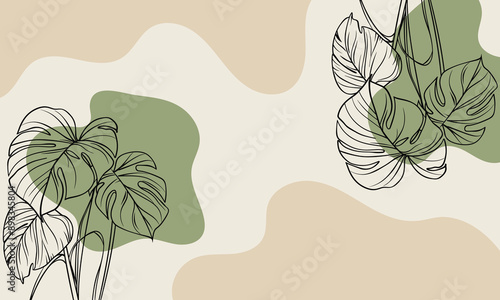 Botanical frame with monstera leaves and hand drawn blobs. Boho aesthetic background in pastel colors