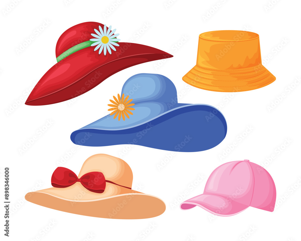 Hats. A set featuring summer men s and women s hats. Summer beach hats. A collection of hats. Vector illustration Hats. A set featuring summer men s and women s hats. Summer beach hats. A collection of hats. Vector illustration