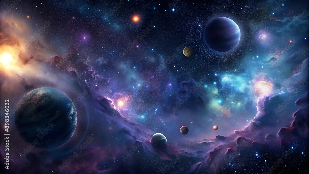 Cosmic Space Scene with Planets and Nebulae, Deep Colors, Sci-Fi Illustration, with Copy Space Cosmic Space Scene with Planets and Nebulae, Deep Colors, Sci-Fi Illustration, with Copy Space