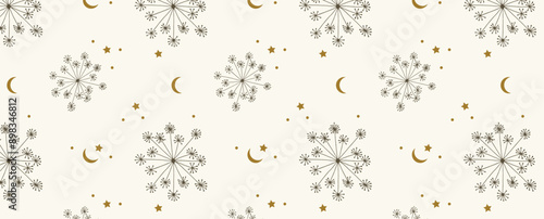 Pattern of dill sprigs and small golden stars, moon and dots. Decoration from different parts of dill for fabric, wrapping paper and textile. Vector seamless background.