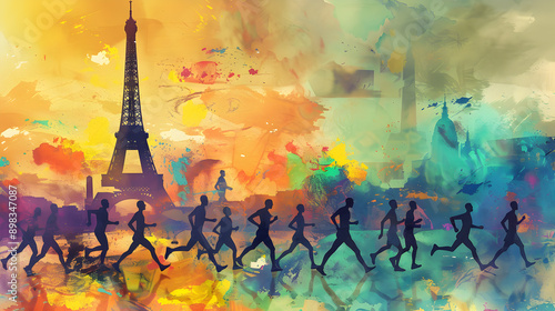 Surreal Marathon: Surreal, dreamlike illustration of marathon runners with the Eiffel Tower in the background on a pastel background.


 photo