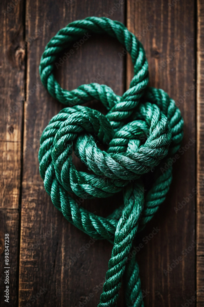 knot on a green rope on wooden background knot on a green rope on wooden background