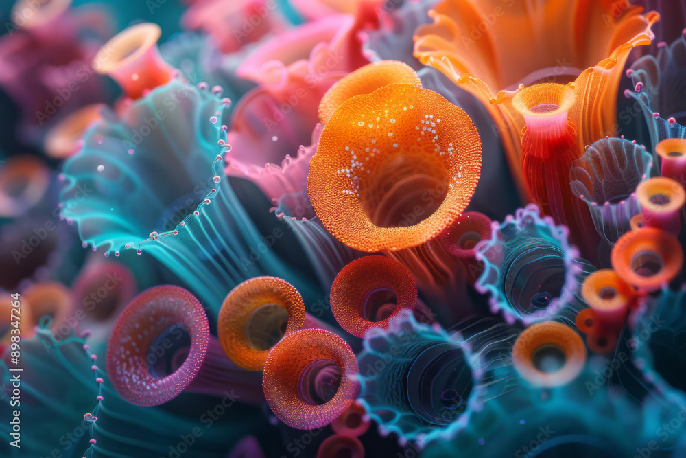 Abstract digital visualization of bright circular designs arranged in a captivating 3D layout, Abstract digital visualization of bright circular designs arranged in a captivating 3D layout,
