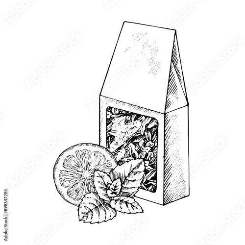 Loose leaf Tea packaging with additives. Vector hand drawn illustration. Bag of dried leaves sketch drawing. Black line art. Clipart with white background. Can be edited. For stickers, kitchen prints