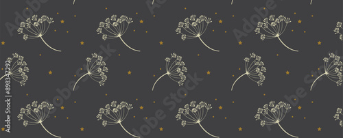 Pattern of dill sprigs and small golden stars and dots. Decoration from different parts of dill for fabric, wrapping paper and textile. Vector seamless background.