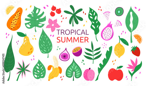 Icon leaves, exotic fruits. Tropical pear, apple and banana. Texture design food. Beach summer banner. Tree cartoon sticker doodle. Lemon and strawberry. Vector background garish nature floral set