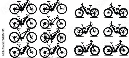 A collection of silhouette illustrations of electric bicycles in various styles and designs. These vector images showcase different models and configurations, perfect for use in graphic design