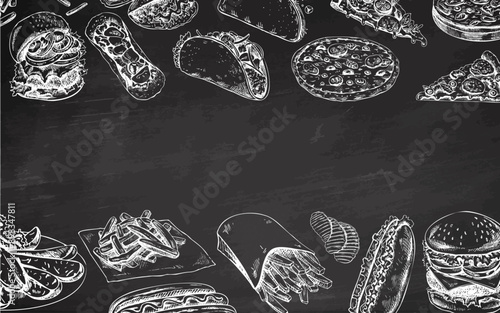 Hand-drawn monochrome sketches of street food, takeaway food, fast food, junk food on chalkboard background. Burgers, chips, pizza, hot dogs, burritos, tacos, set. Great for menu.