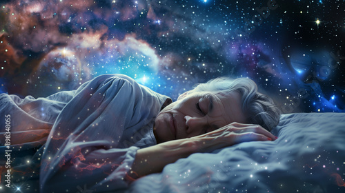 Older woman experiencing altered state of mind. Sleeping amidst a vivid cosmic dreamscape.