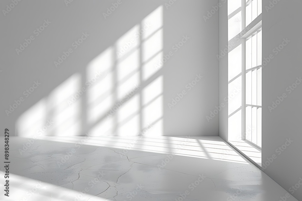 An empty room with minimalist design, cracked concrete floor, and sunlight streaming through large windows creating beautiful shadows, Perfect for backgrounds, real estate, interior design An empty room with minimalist design, cracked concrete floor, and sunlight streaming through large windows creating beautiful shadows, Perfect for backgrounds, real estate, interior design
