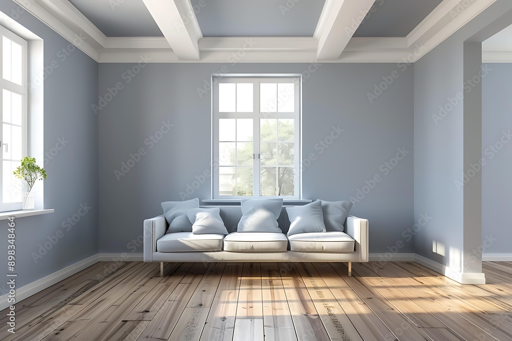A minimalist living room with a modern white sofa and blue pillows, wooden flooring, and large windows allowing natural light, perfect for home decor or interior design themes, A minimalist living room with a modern white sofa and blue pillows, wooden flooring, and large windows allowing natural light, perfect for home decor or interior design themes,