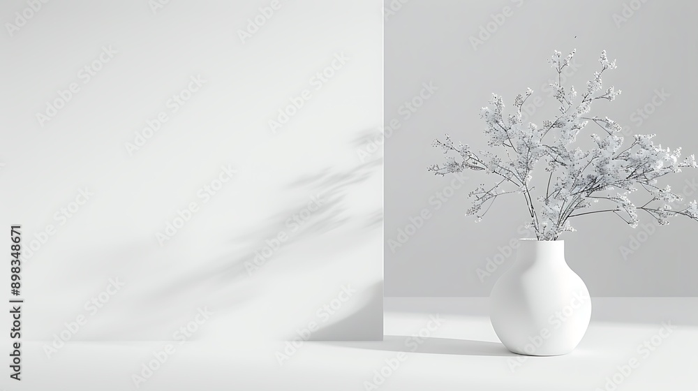 Fototapeta premium A white vase with delicate frosted branches against a white background creates a minimalist and calming scene, ideal for use in interior design, home decor, or wellness content,