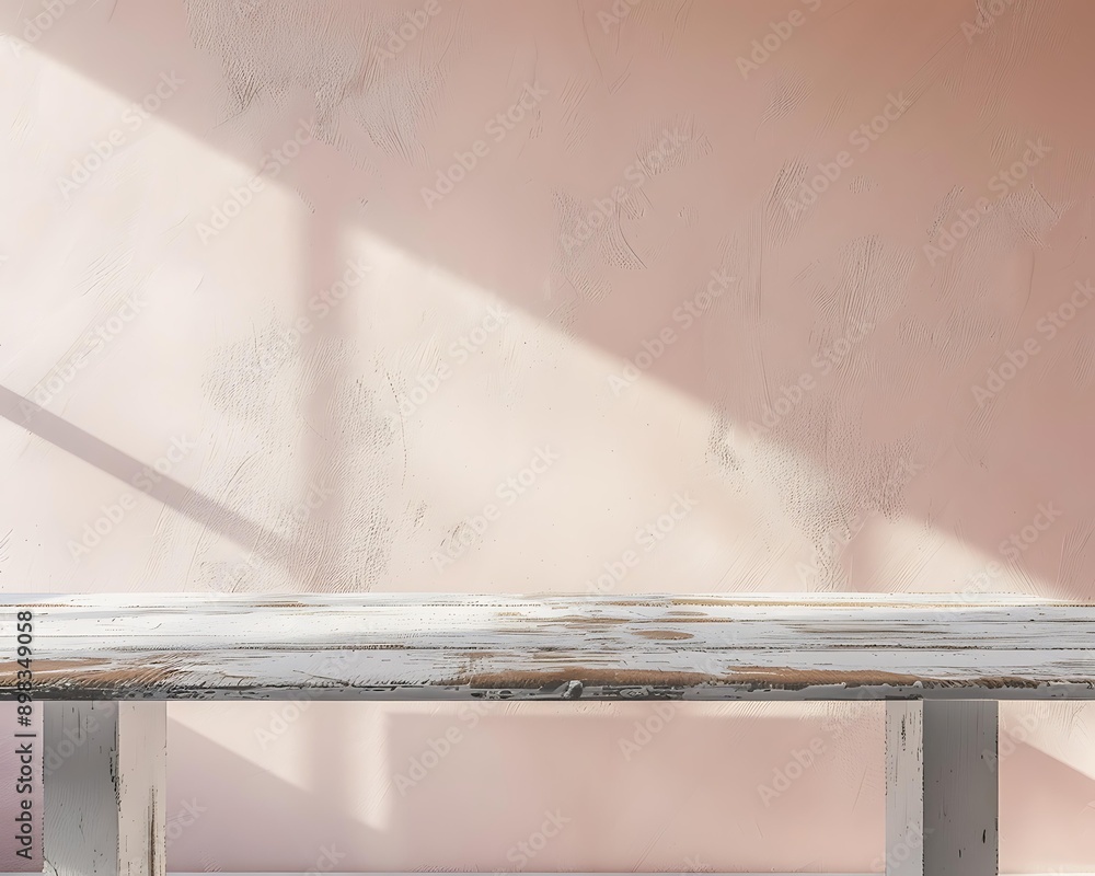 Sunlit rustic wooden table against a textured peach wall, perfect for backgrounds, product displays, and interior design projects, Sunlit rustic wooden table against a textured peach wall, perfect for backgrounds, product displays, and interior design projects,