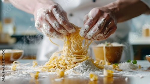 Chef s Hands Delicately Crafting Homemade Pasta with Mount Fuji Visible in Background photo