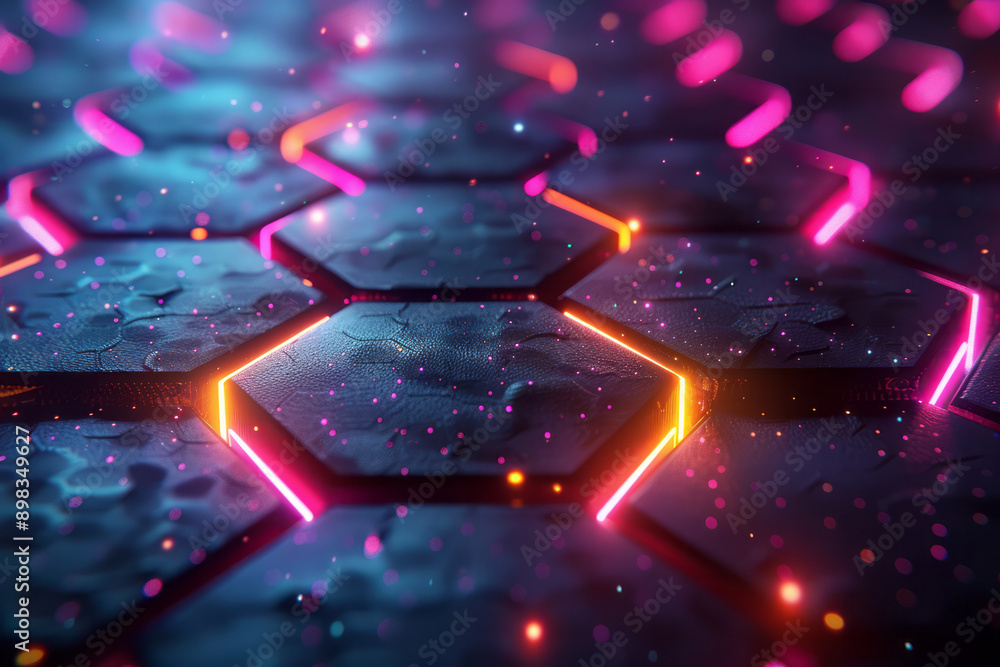 Clean and striking image of a glowing hexagonal pattern with bright neon pink and yellow lights, Clean and striking image of a glowing hexagonal pattern with bright neon pink and yellow lights,