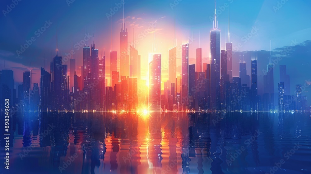 Obraz premium A vibrant blue neon cityscape in dusk with glowing city view