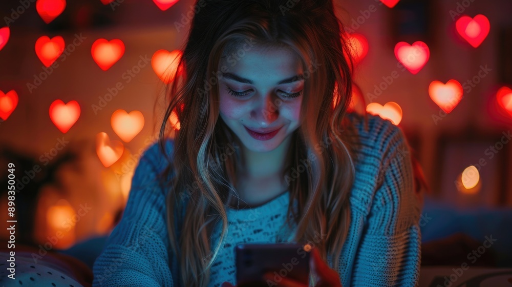 Young woman using smart phone at night online chats concept in hearts shape glowing Young woman using smart phone at night online chats concept in hearts shape glowing