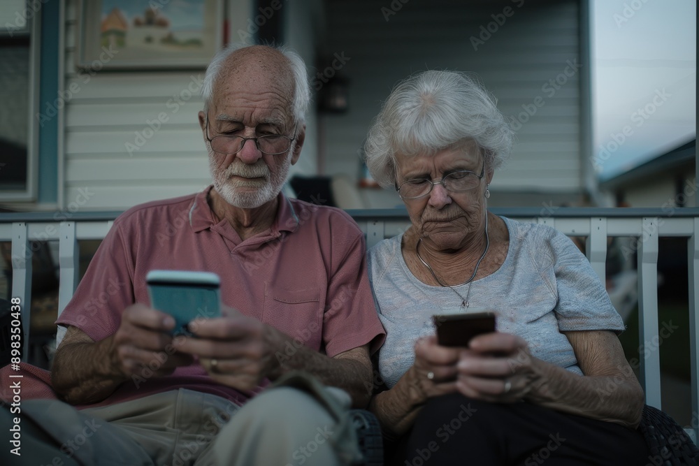 An elderly couple sits on a porch bench using their smartphones. Dressed casually and appearing calm, they represent how technology bridges age gaps, framed by a cozy home. An elderly couple sits on a porch bench using their smartphones. Dressed casually and appearing calm, they represent how technology bridges age gaps, framed by a cozy home.