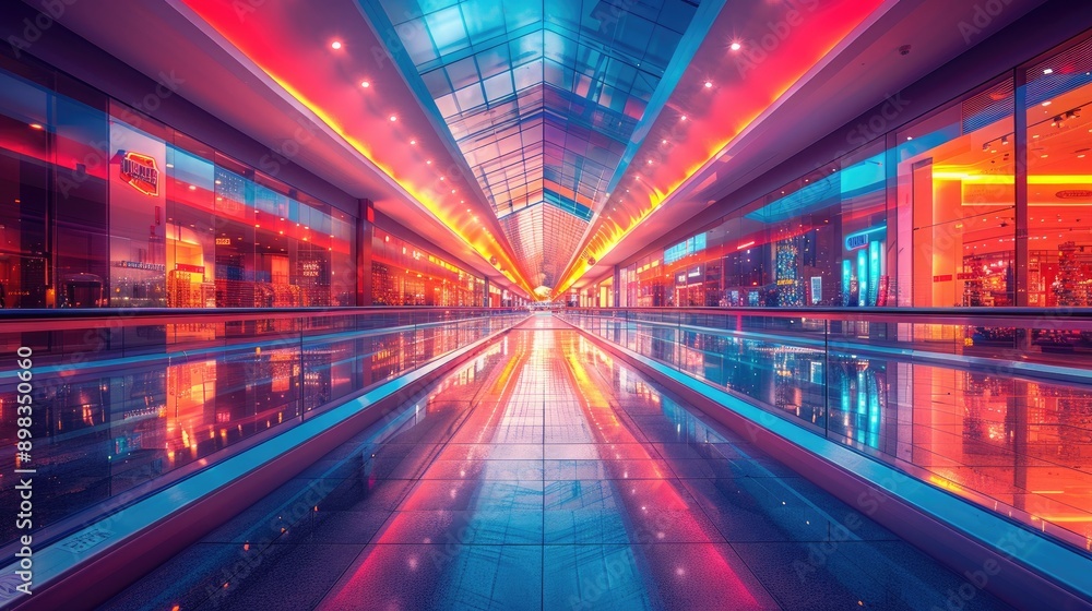 Futuristic Shopping Mall with Transparent Floors and Neon Storefronts in a Modern City Futuristic Shopping Mall with Transparent Floors and Neon Storefronts in a Modern City