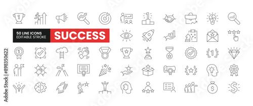 Set of 50 Success line icons set. Success outline icons with editable stroke collection. Includes Trophy, Growth, Teamwork, Mentorship, Awards, and More.