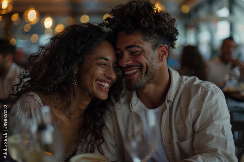 A joyful couple shares a laugh in a warmly lit restaurant, highlighting their close bond and happiness, surrounded by a romantic and intimate dining atmosphere. A joyful couple shares a laugh in a warmly lit restaurant, highlighting their close bond and happiness, surrounded by a romantic and intimate dining atmosphere.