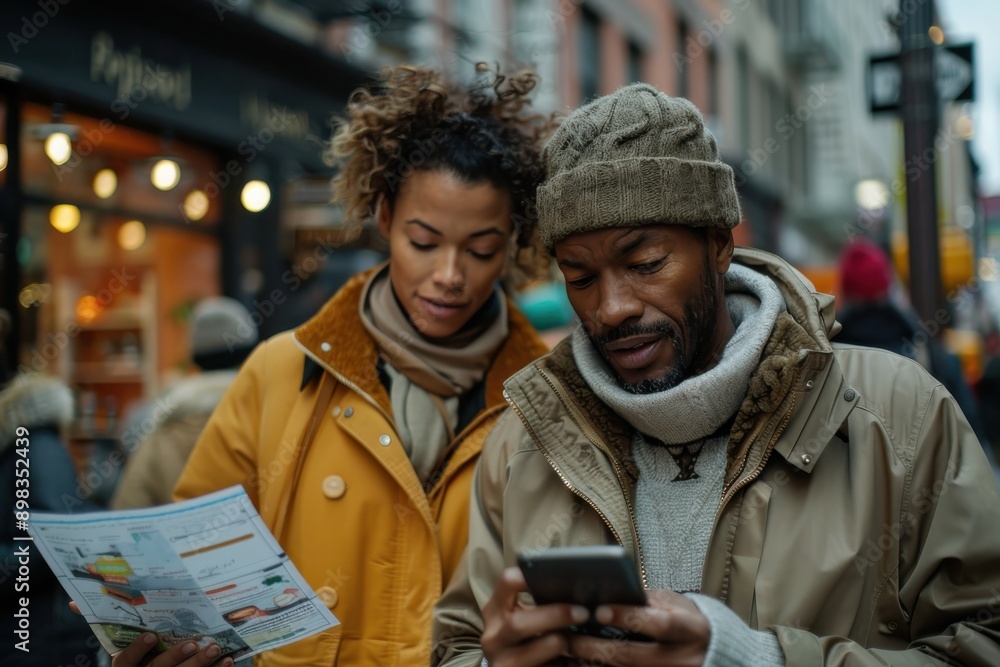 Fototapeta premium A couple dressed warmly in jackets and scarves are seen in a bustling street, using a physical map and smartphone to navigate, blending traditional and modern travel approaches.