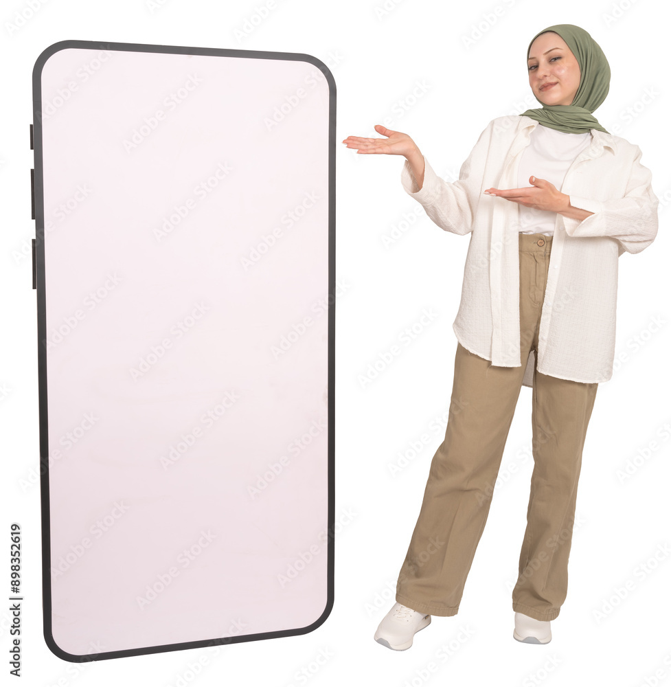 Recommending mobile app, full body view young caucasian muslim woman recommending mobile app standing near big huge phone mock up with empty blank white touch screen smartphone. Transparent png image. Recommending mobile app, full body view young caucasian muslim woman recommending mobile app standing near big huge phone mock up with empty blank white touch screen smartphone. Transparent png image.